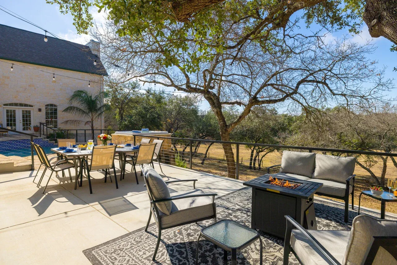 Outdoor dining and fire-pit seating on the Texas patio
